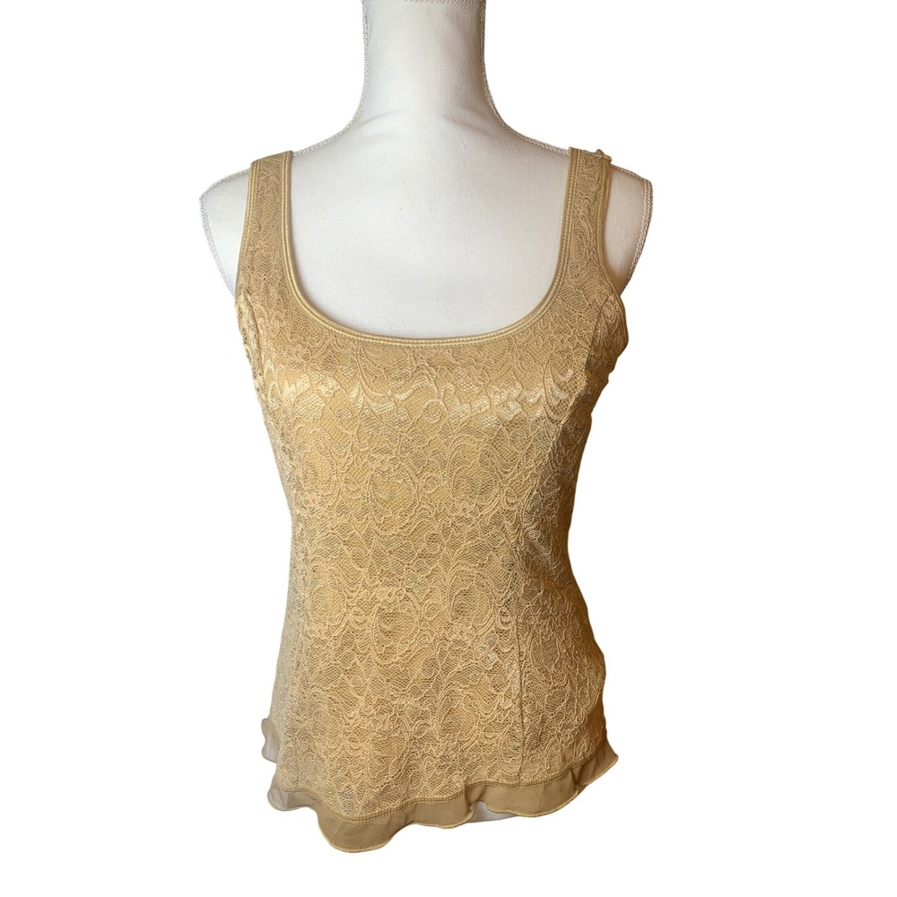 Cato Womens Gold Floral Lace Tank Top Scoop Neck Built-in Shelf Bra Medium